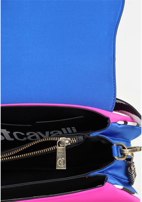 Women's bag with multicolor spotted, blue and fuchsia print with lettering and snake logo plaque JUST CAVALLI | 76RA4BA1ZSA93QY0